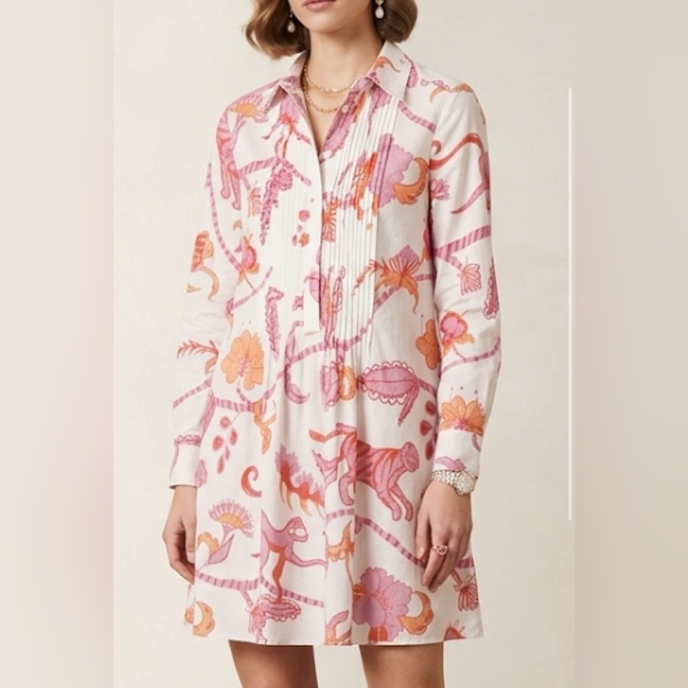 Sheridan French Pink Orange Jungle Monkey Tiger Print Pintuck Cotton Dress M